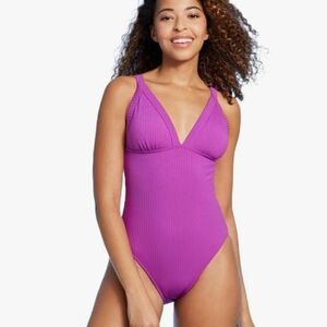 Shade & Shore Ribbed V-Neck One-Piece Swimsuit - Purple